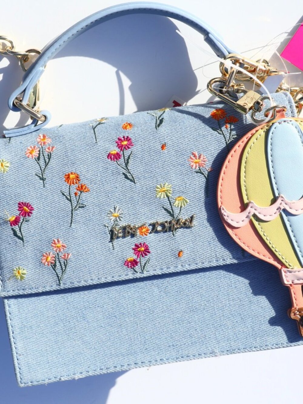 NWT Betsey Johnson Denim Floral Embroidered Handbag Satchel Crossbody Bag Charm
